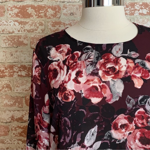 CUPCAKES AND CASHMERE Blouse Floral Top Large Burgundy Wine - Picture 5 of 11